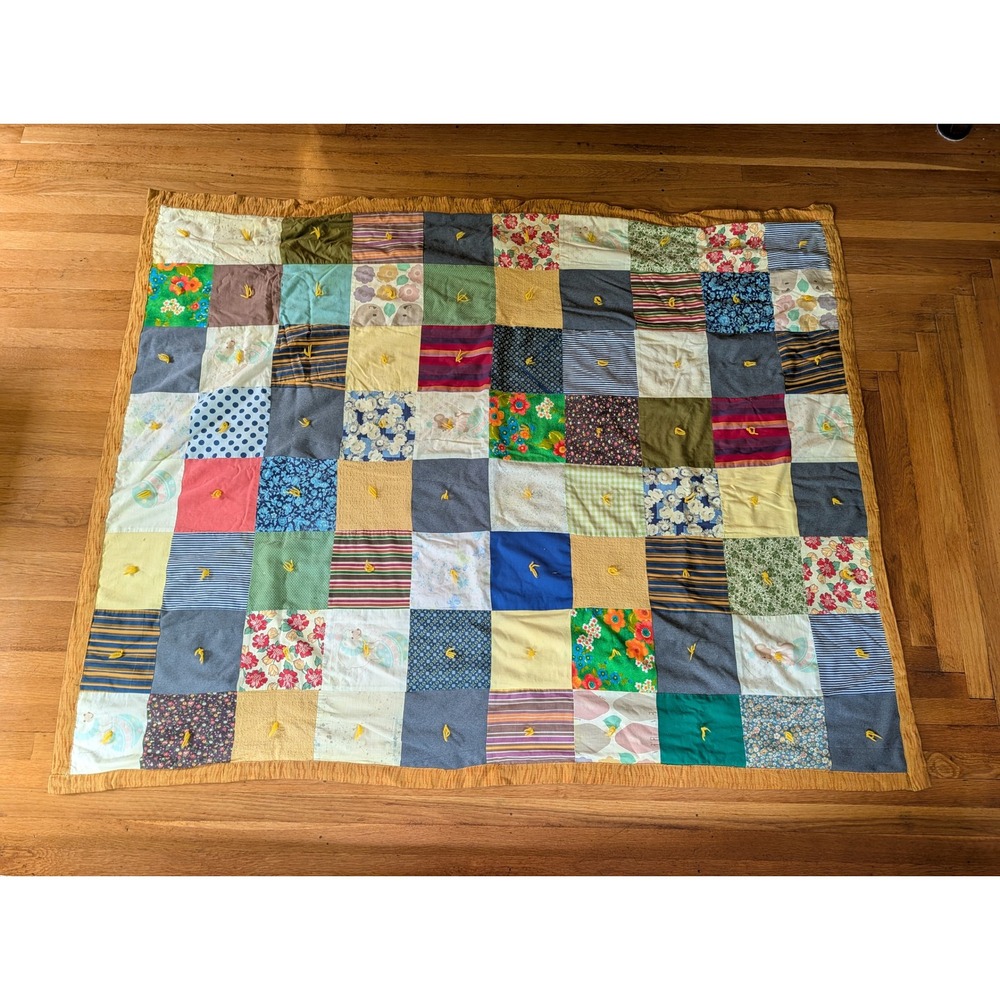 Vintage Handmade Tied Patchwork Quilt Multi Color‎ Floral Stripe Cotton 60x74